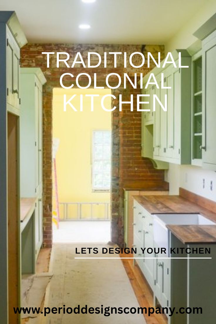 the interior of a kitchen with green cabinets and white counter tops is featured in an article about traditional colonial kitchen