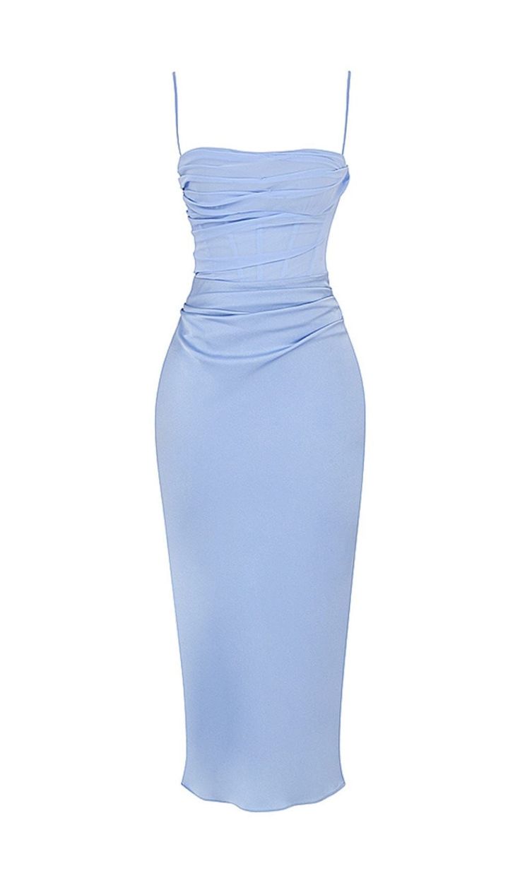 Our sky draped midi dress has an elegant and glamorous feel in a beautiful sky blue hue. Cut on the bias. it is made from our lustrous light silky satin so it drapes effortlessly over your curves. The bodice is cut from a semi sheer georgette and fitted with our incredible corsetry boning to cinch the waist. It has a zip to the back for easy on an is fully lined for a smooth and comfortable finish. The 'Regular Cup' option suits cup size A-C whilst the 'Bigger Cup' option suits size D-E. WHERE T Light Blue Graduation Dress, Blue Dress Flowy, Room Routine, Dresses Png, Draped Corset, Midi Prom Dress, Draped Midi Dress, Strong Font, Corset Midi Dress