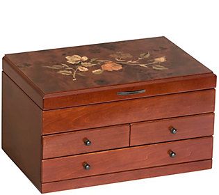 a small wooden box with flowers painted on it's lid and drawers, sitting on a white surface