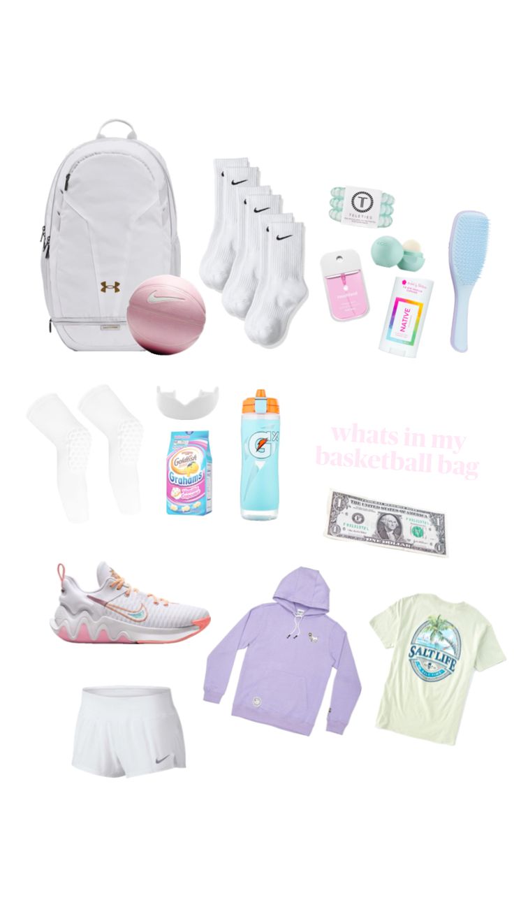 the contents of a white backpack, shoes, and other items are arranged on a white background