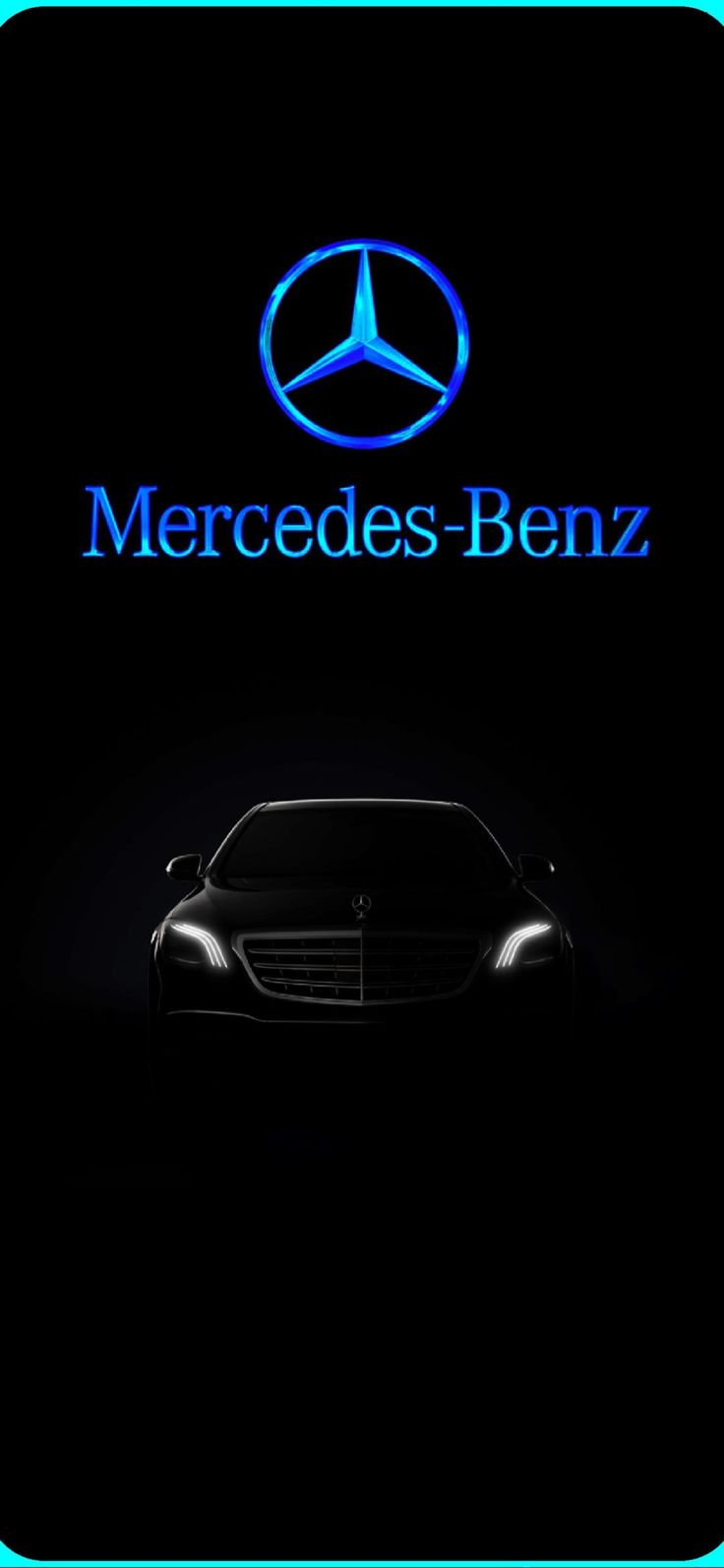 the mercedes benz logo is shown in blue and black, with an image of a car behind it