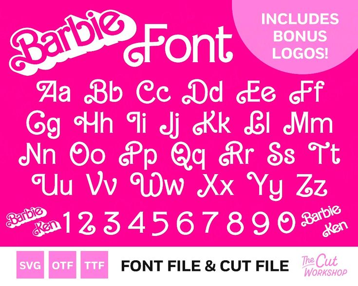 the font and cut file for barbie's logo is shown in pink with white letters