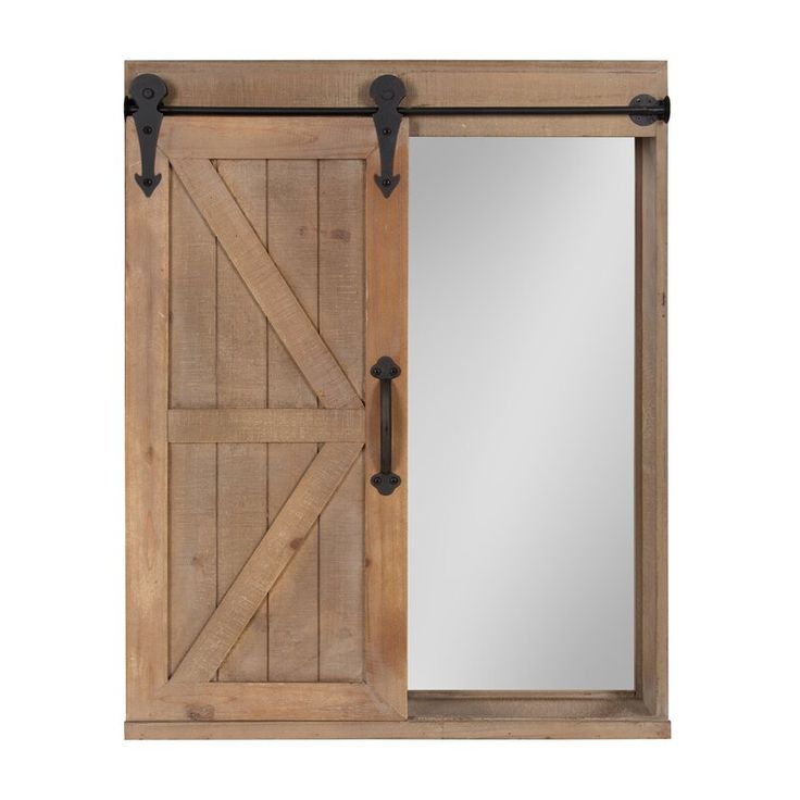 an open wooden door with two mirrors on the front and one mirror in the back