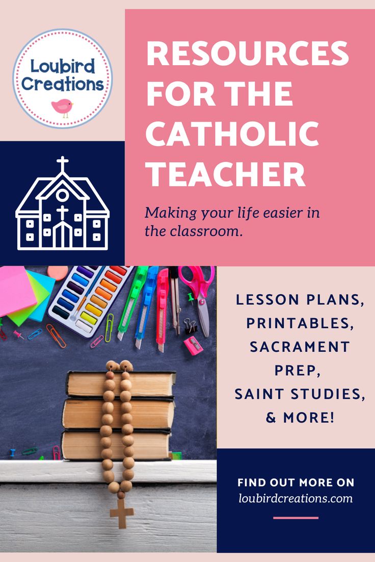 a poster with the words resources for the catholic teacher and an image of books, pens,