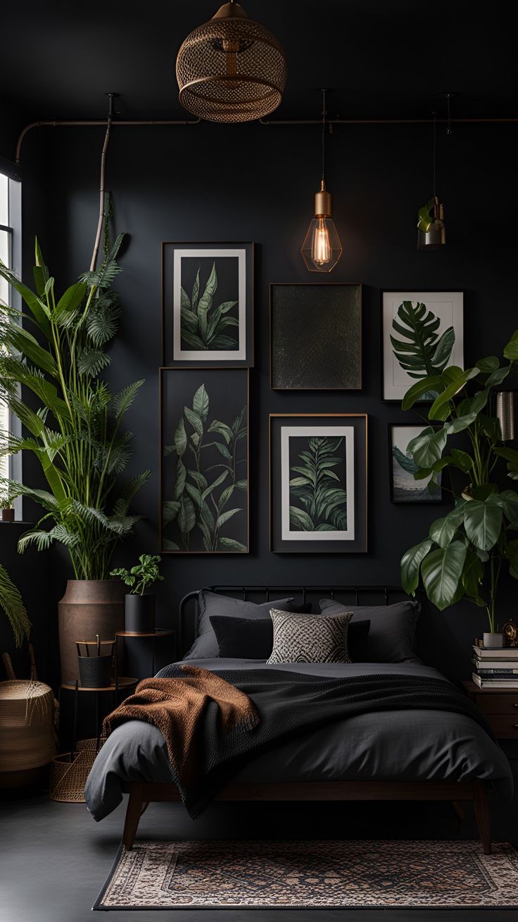 a bedroom with black walls, plants and pictures on the wall