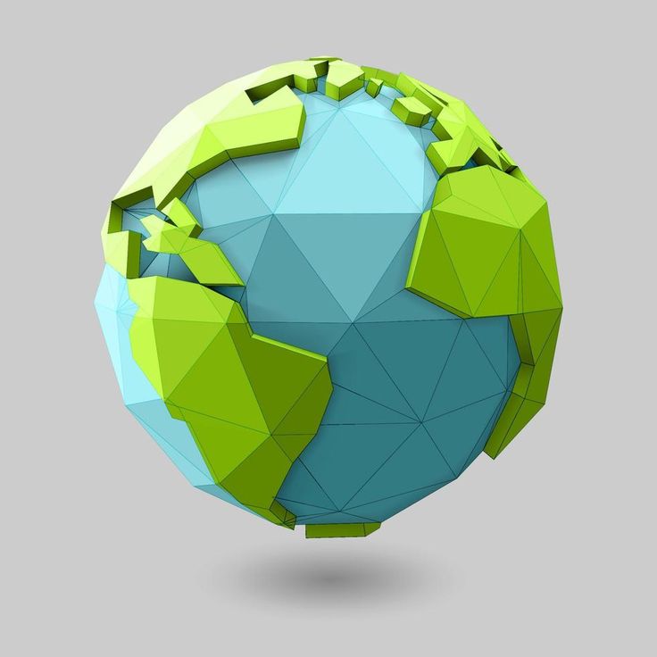 an abstract low polygonal globe with green and blue shapes on it's surface