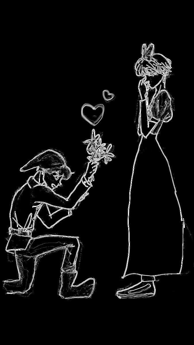 a black and white drawing of a man kneeling down next to a woman holding flowers