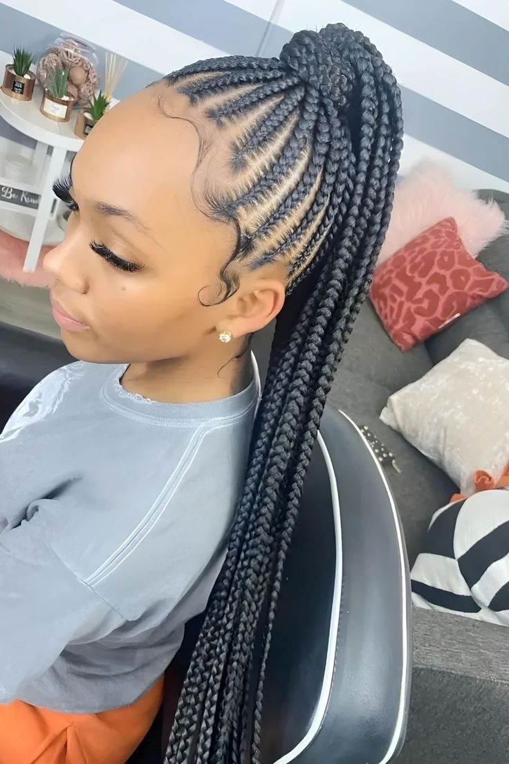 Feed-In Cornrows Ponytail Braiding Ponytail Hairstyles Black, Medium Braided Ponytail, Quick And Cute Braided Hairstyles, Quick Braid Ponytail, Hair Braided Up Into Ponytail, Braided Ponytail Cornrows, Braided Ponytail With Design, Boho Feed In Braids Ponytail, Feed In Braided Ponytail