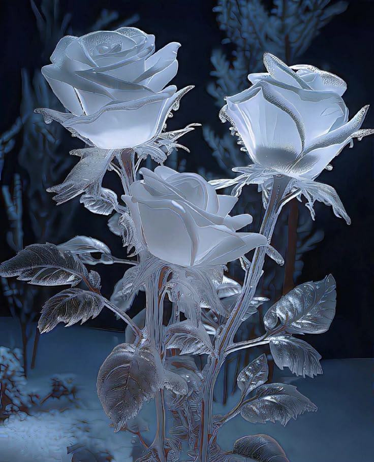 three white roses are in the middle of some frosty plants and snow is on the ground