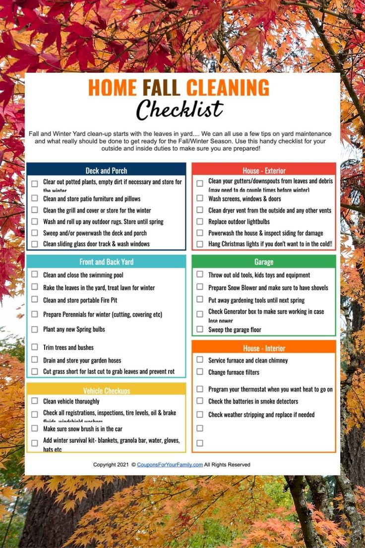 the fall cleaning checklist is shown in front of some trees with leaves on it