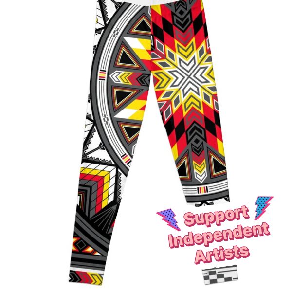 the leggings are designed to look like an abstract design with geometric shapes and colors