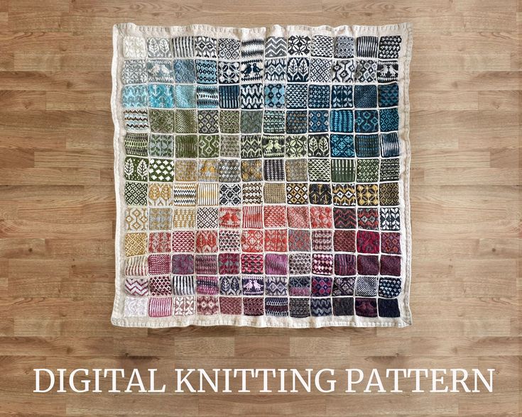 an image of a quilt on the floor with text overlay that reads digital knitting pattern