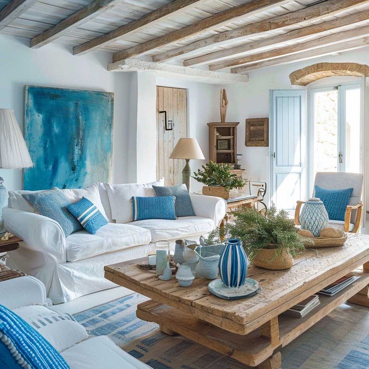 a living room filled with white furniture and blue pillows on top of a wooden table