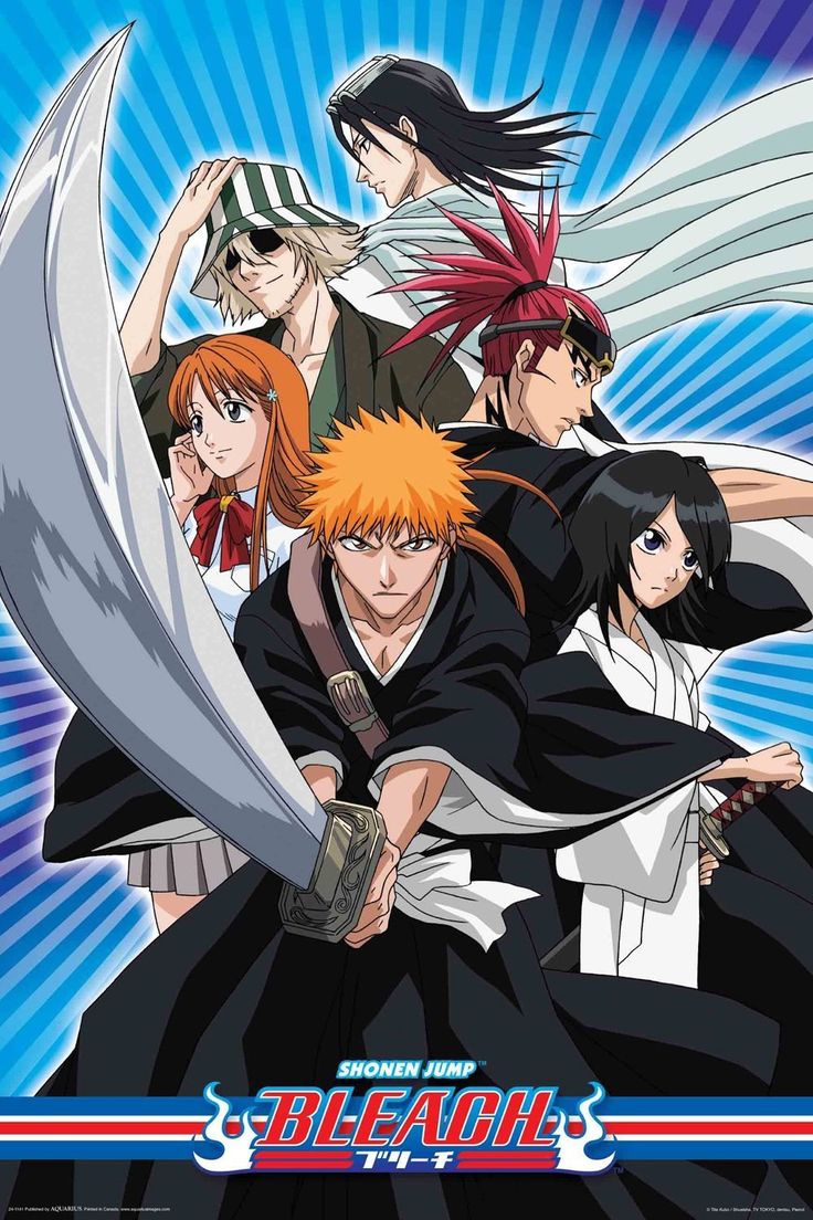 the poster for bleach is shown in front of an image of several people