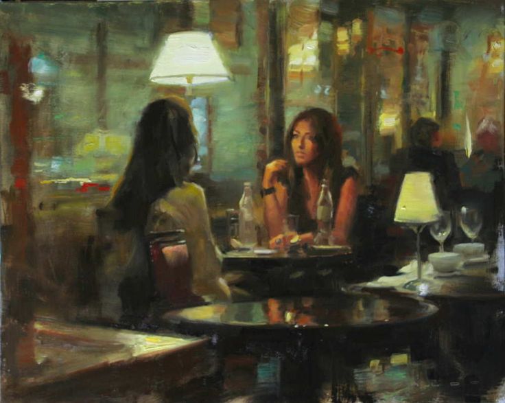 a painting of two women sitting at a table in a restaurant, one woman is talking to the other