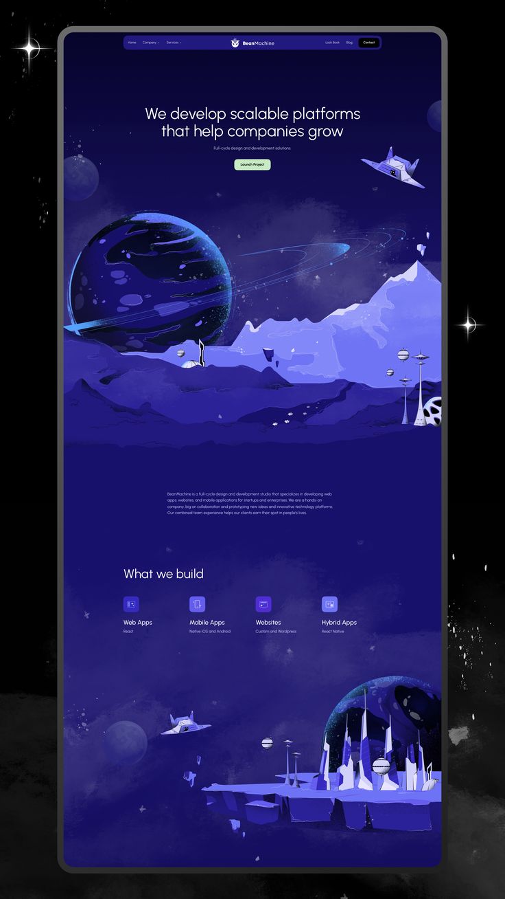 the landing page for an app designed to look like a space station