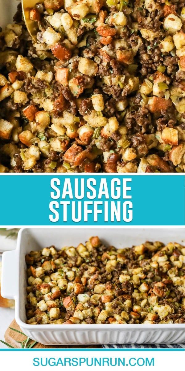 sausage stuffing in a casserole dish with text overlay