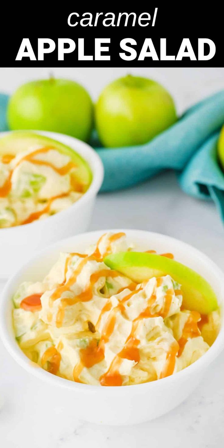 two white bowls filled with apple salad on top of a table next to green apples