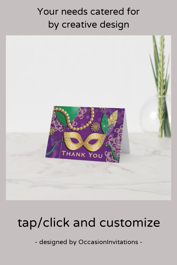 a thank card with mardi gras mask on it