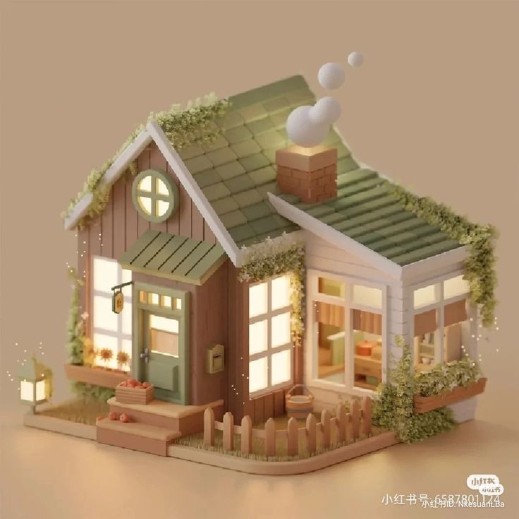 a paper model of a small house with lights on the front door and windows in the roof