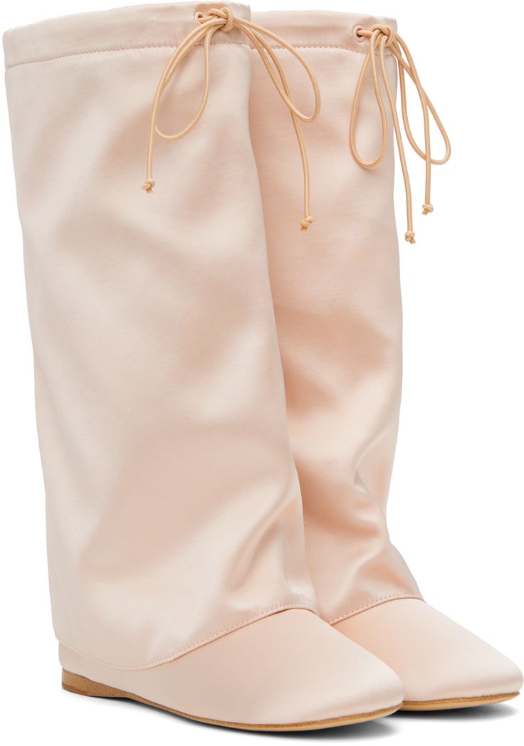 Knee-high satin boots in pink. · Layered construction · Square toe · Bungee-style drawstring at collar · Satin lining · Faux-leather sole with rubber injection Supplier color: Pink Chic Pink Boots, Pink Cute Boots, Fitted Pink Boots, Designer Pink Leather Boots, Ballet Stretching, Light Pink Boots, Dainty Coquette, Satin Boots, Pink Platform Boots