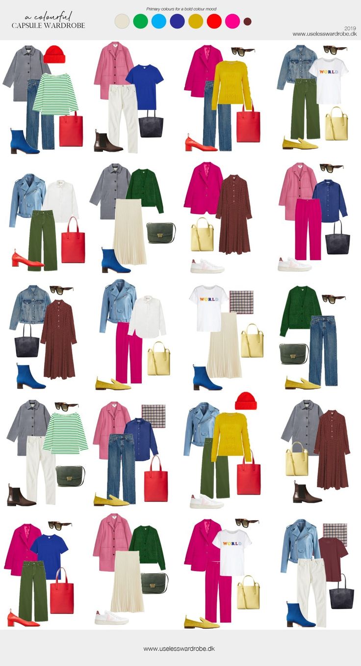 Colorful Work Capsule Wardrobe, Summer Work Travel Capsule, Complete Capsule Wardrobe, Monochromatic Outfit With Pop Of Color, Bold Color Combinations Outfit, Colorful Travel Capsule Wardrobe, Spring Capsule Wardrobe 2024 Colorful, Cool Color Capsule Wardrobe, Colour Capsule Wardrobe