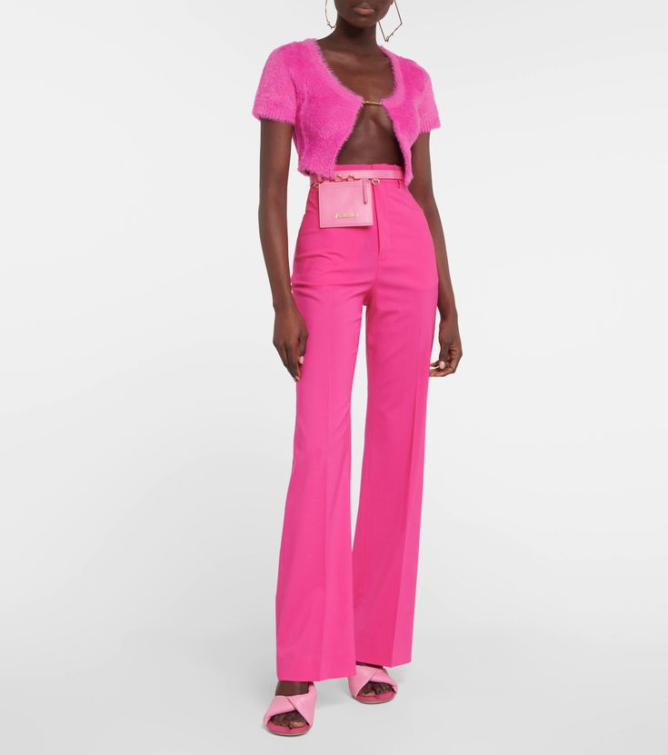 Jacquemus - La Maille Neve cropped cardigan | Mytheresa Pink Cropped Knit Sweater, Jacquemus Cardigan, Jacquemus Cropped Cardigan, Luxury Pink Cropped Jacket, Luxury Pink Knit Cardigan, Wool Pants, Cropped Cardigan, Color Design, Wardrobe