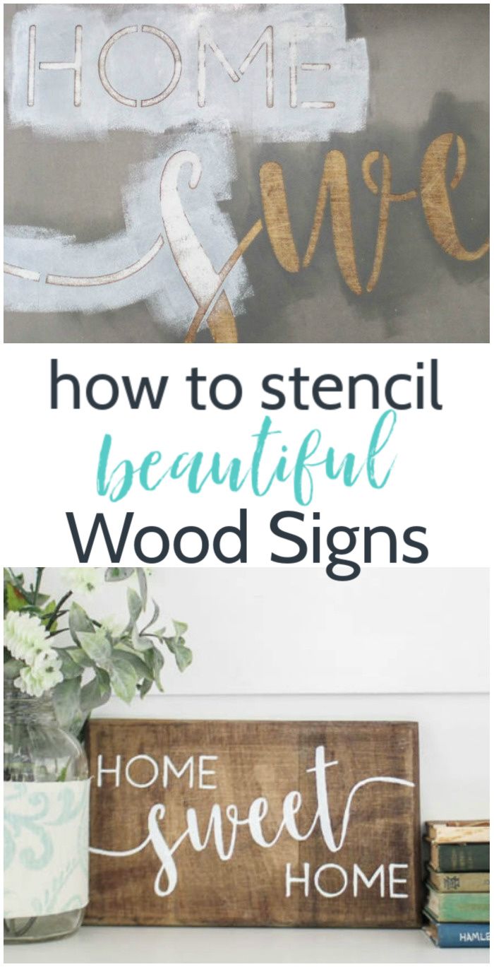 the words how to stencil beautiful wood signs are displayed on a shelf with flowers and books