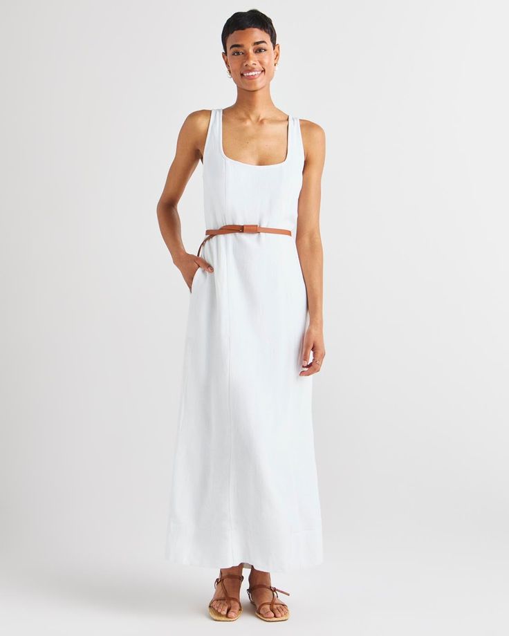 White Fitted Bodice Maxi Sundress For Daywear, Sundress With Fitted Bodice For Daywear, Casual Maxi Dress With Fitted Bodice And Square Neck, Fitted Unlined Summer Dress, Fitted Summer Maxi Dress For Daytime, Casual Midi Dress With Fitted Bodice For Daywear, Sleeveless Smocked Back Dress For Daytime, Daytime Sleeveless Dress With Smocked Back, Fitted Unlined Maxi Dress For Summer