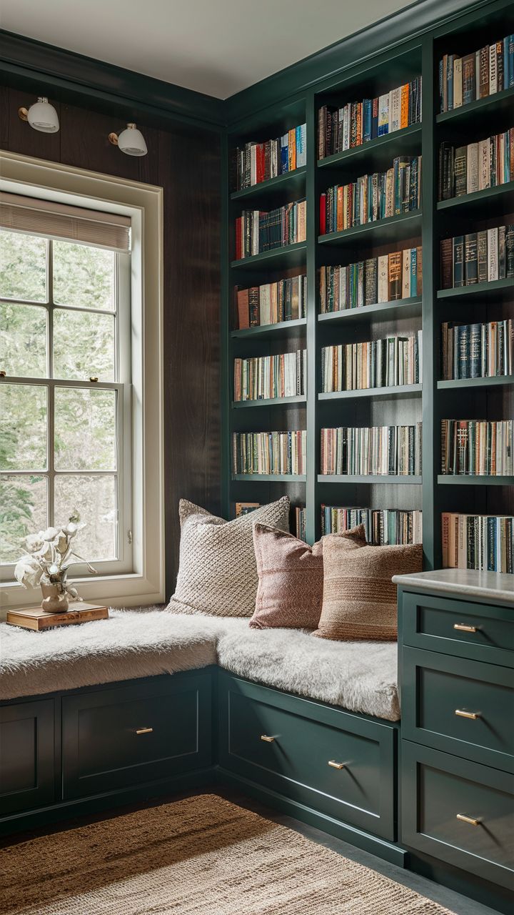 a window seat in front of a bookshelf filled with lots of books and pillows