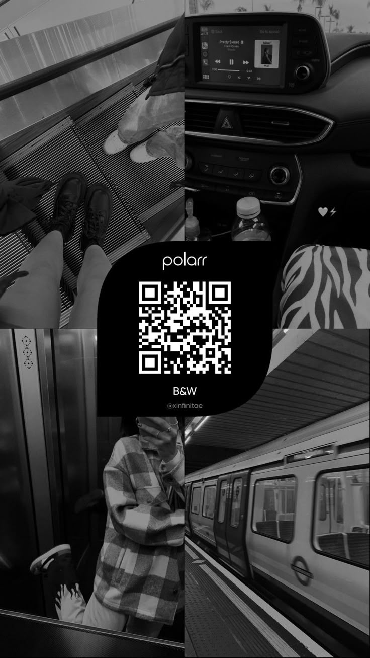 a person standing next to a train with a qr code on it