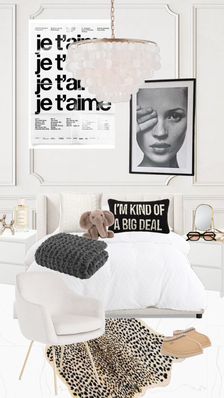 a bedroom with white walls, leopard print rugs and an animal - themed bed