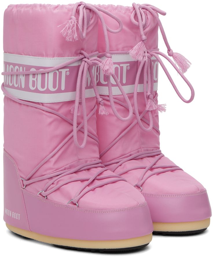 Knee-high buffed faux-leather and nylon canvas boots in pink. Water-repellent. · Lace-up closure · Drawstring at collar · Logo embossed at sides and heel · Insulated fleece lining · Textured thermoplastic rubber platform midsole · Treaded rubber sole · Platform: H2 Supplier color: Pink Pink Knee High Boots, Pink Platform Boots, Boot For Women, Platform Boots Women, Leather Snow Boots, Glitter Boots, Moon Boot, Pink Water, Boot Shoes