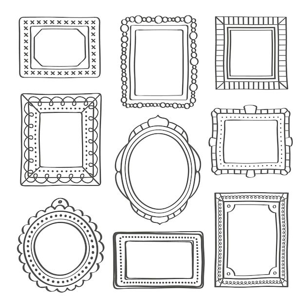 a set of nine different frames for pictures or photos, hand drawn in black and white