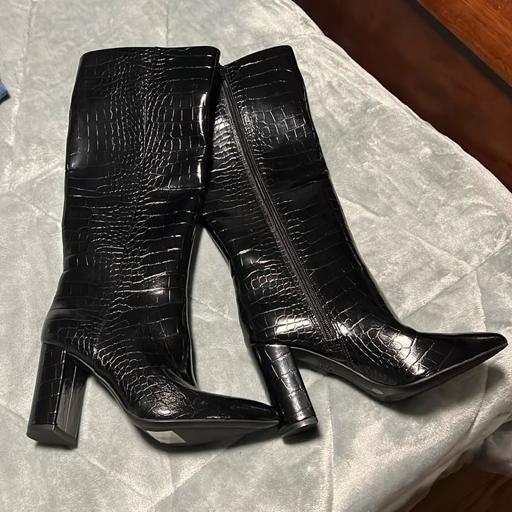 New Never Worn. No Box Black Closed Toe Office Boots, Black High Heel Boots Medium Width, Wide Calf Black Heeled Boots, Black Wide Calf Heeled Boots, Trendy Black Office Boots, Black Heels With Wide Calf And Stacked Heel, Black Wide Calf Boots With Block Heel, Black Heels With Stacked Heel And Wide Calf, Black Square Toe Boots For Office