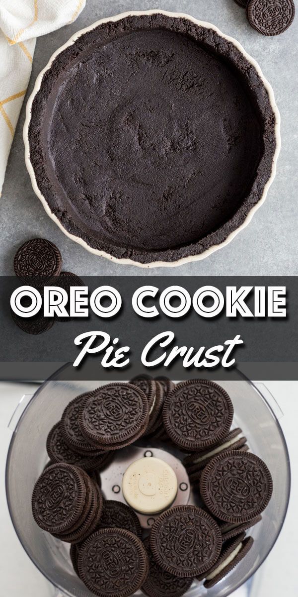 an oreo cookie pie crust in a pan with oreos on the side and chocolate cookies