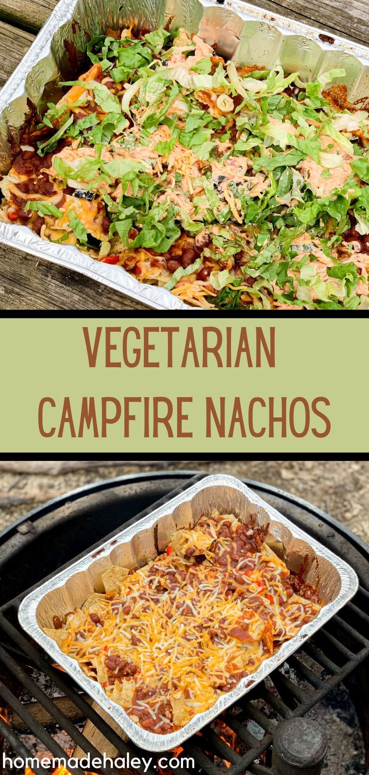 an image of vegetarian campfire nachos on the grill with text overlay