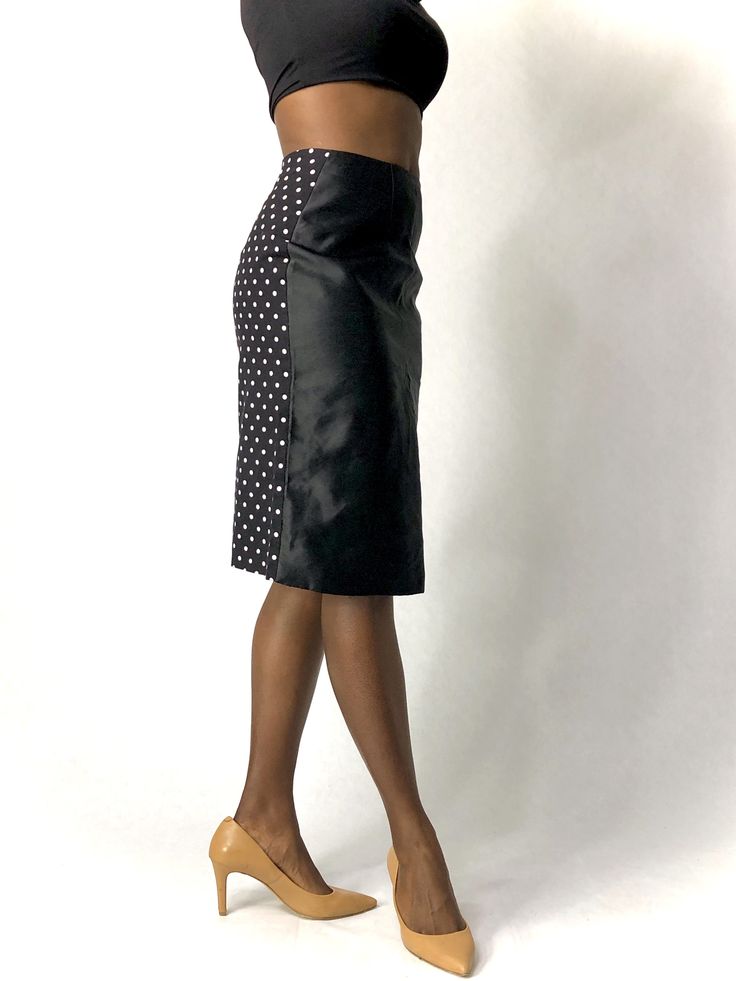 One of one sample, Hand made in New York Pencil skirt, fully lined, center back zipper. Size Small: Dress Size 4-6 Fabric: Fully lined, Black cotton with polka dot, Black twill satin Care: dry clean or hand wash, medium heat dryer or hang dry, medium heat iron, no bleach Chic Polka Dot Relaxed Skirt, Chic Polka Dot Skirt, Chic Polka Dot Relaxed Fit Skirt, Chic Polka Dot Skirt Relaxed Fit, Relaxed Knee-length Polka Dot Skirt, Chic Fitted Black Pencil Skirt, Chic Black Fitted Pencil Skirt, Chic Polka Dot Midi Skirt, Elegant Polka Dot Midi Skirt