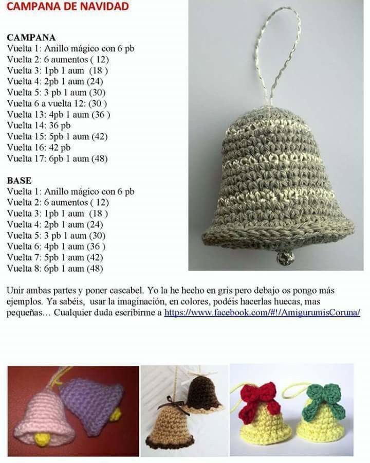 crocheted bells with bows are shown in three different colors and sizes, along with instructions for how to make them