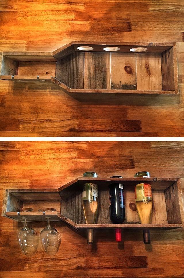 two wooden shelves with bottles and glasses on them