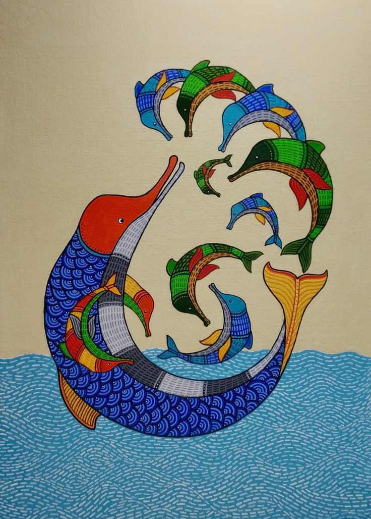 a painting of dolphins swimming in the ocean with fish on it's back legs