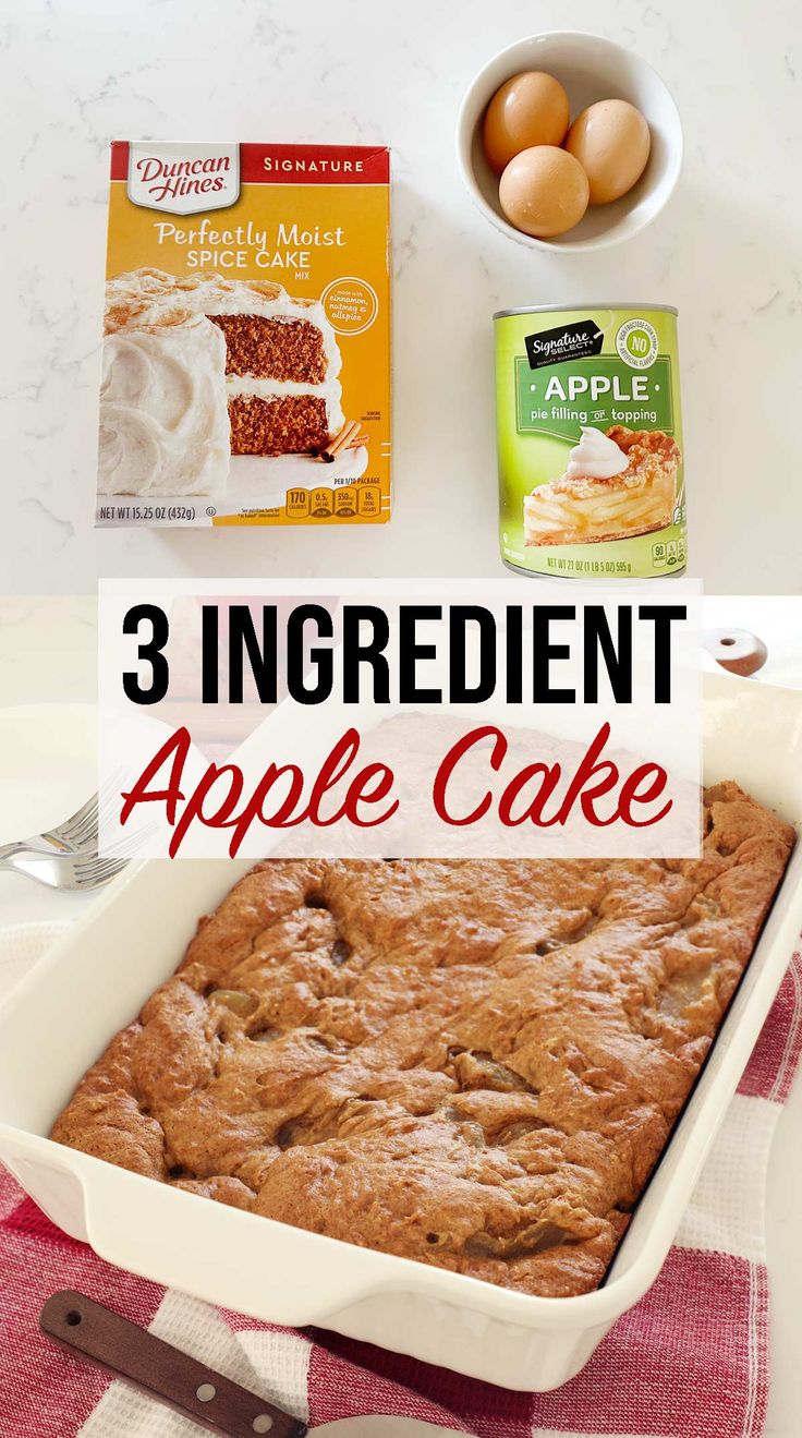 three ingredients for an apple cake in a baking pan with the words 3 ingredient apple cake