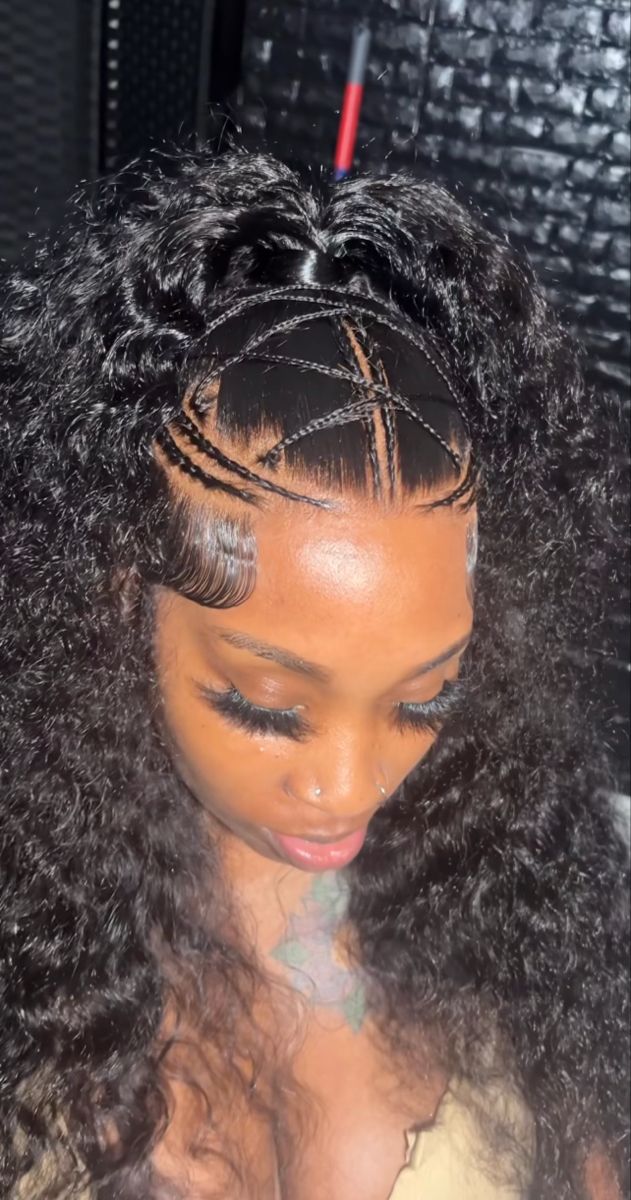 Wig Styles Braids, Rubberband Hairstyles Wig, 26 Inch Deep Wave Frontal Wig Hairstyles, Lace Hairstyles Hair Ideas, Braids On Wig Hairstyles, Frontal Wig Braid Hairstyles, Frontal And Bundles Hairstyles, Curly Tracks Hairstyles Black Women, Crossover Hairstyles