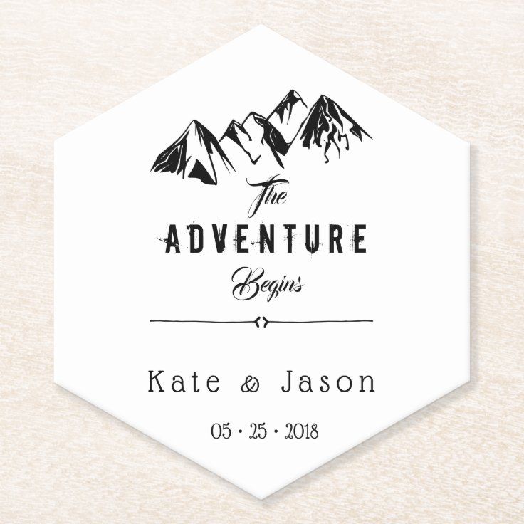 the adventure begins save the date sticker is printed on a white hexagon