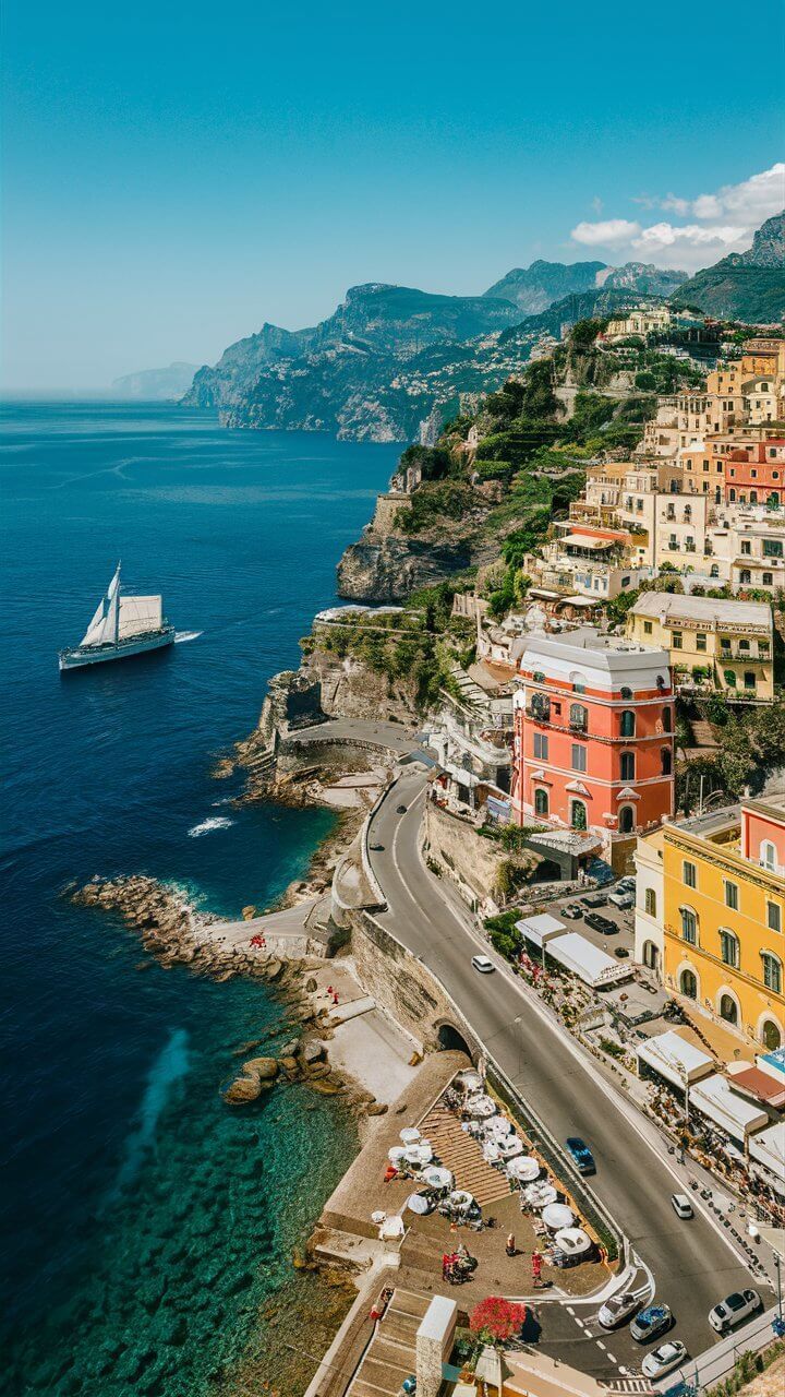 an aerial view of the town of positi, italy