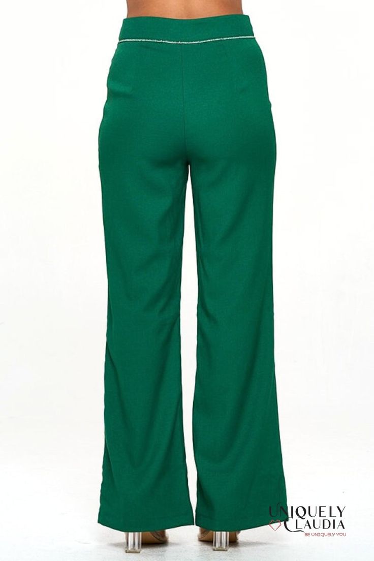 Introducing the Maddie Embellished Pants, a captivating fusion of grace and style that redefines sophistication. These pants boast a sleek and modern straight cut with a subtle flare at the bottom, effortlessly complementing your silhouette while exuding an air of understated elegance. Available in a striking emerald green or a classic black option, the Maddie pants offer versatility without compromising on luxury. The embellished waistline is the epitome of refined detail, featuring exquisite c Chic Straight Leg Flares For Spring, Spring Wide-leg Flares, Chic Spring Wide-leg Flares, Chic Spring Flares, Chic Stretch Flares Trousers, Chic Stretch Flare Trousers, Spring Wide Leg Flares For Night Out, Green Wide-leg Pants For Evening, Wide Leg Flares For Night Out In Spring