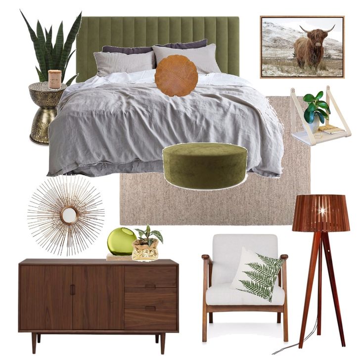 a bedroom with green and white decor on the walls, bed, nightstand, chair, table