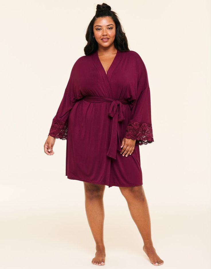 This robe is soft and perfect for a romantic night in. The robe features cropped kimono sleeves with lace trim and a belt tie closure. (Available in plus-sizes 1X-4X.) Red Long Sleeve Nightgown For Bedtime, Bath Robe Plus Size, Red Cotton Robe With Kimono Sleeves, Long Sleeve Red Cotton Robe, Red V-neck Nightgown, Adore Me, Romantic Night, Sleepwear & Loungewear, Kimono Sleeve