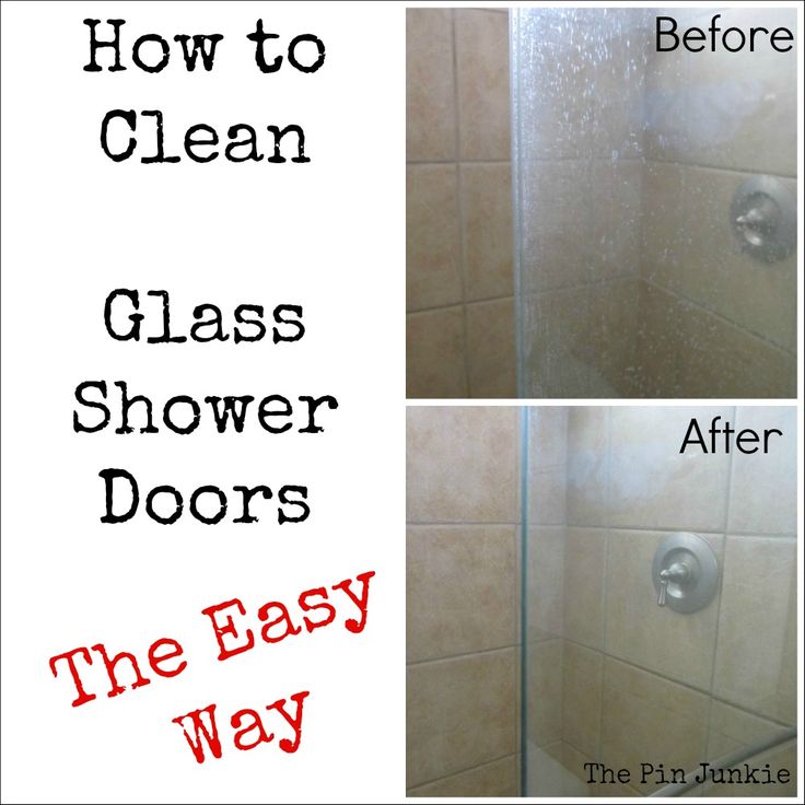 the before and after pictures of a shower door with clear glass on it, showing how to clean