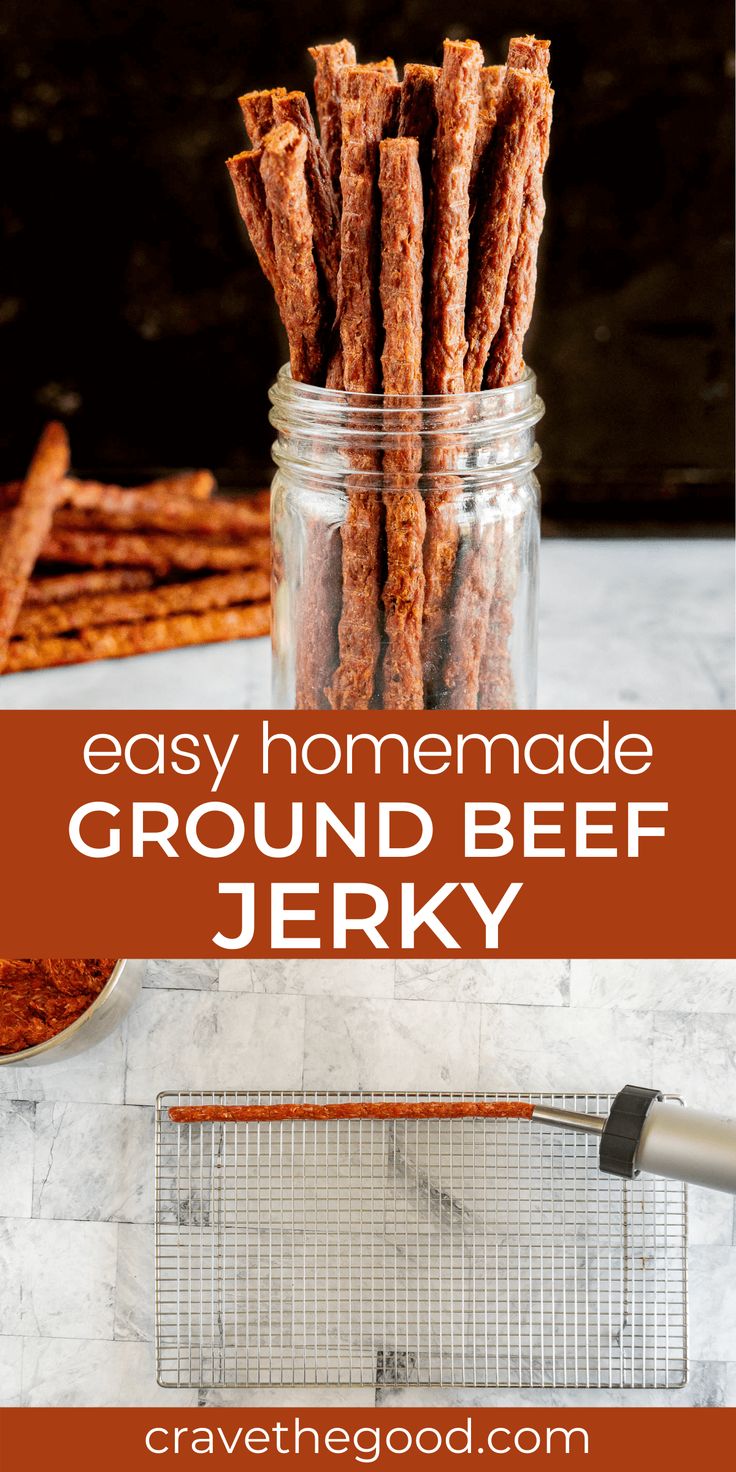 homemade ground beef jerry sticks in a mason jar with text overlay that reads easy homemade ground beef jerk